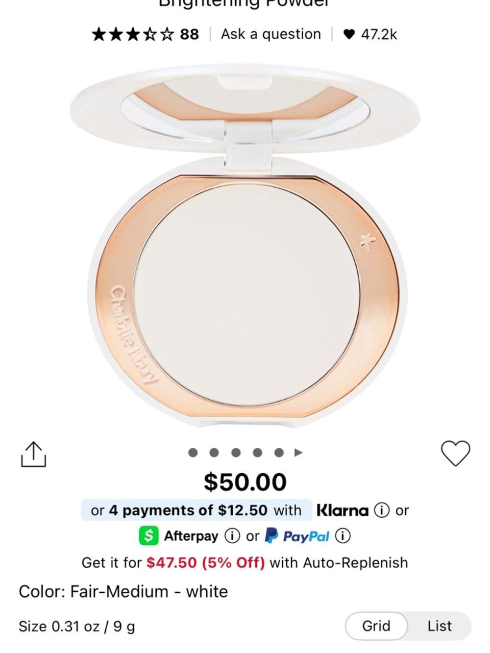 Charlotte Tilbury Brightening Powder Compact — White with Rose Gold Trim